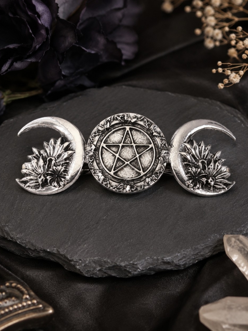 Triple Moon Gothic Pentagram Hair Clip Silver New Vintage Antique